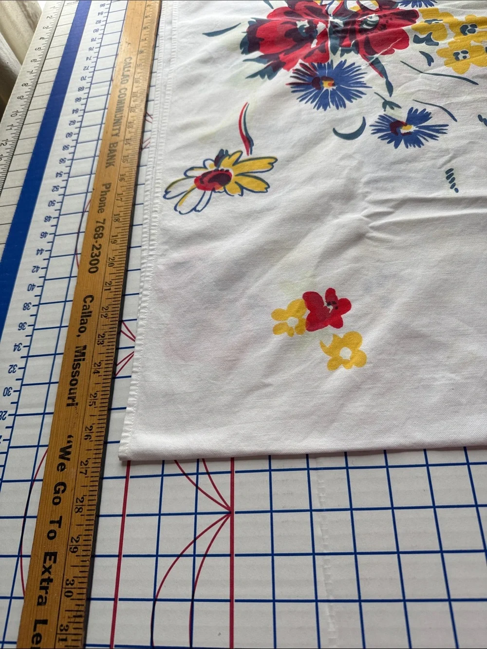 Vintage 50s Floral Tablecloth 64 x 52 Red Yellow Blue Cotton Kitchen Linen